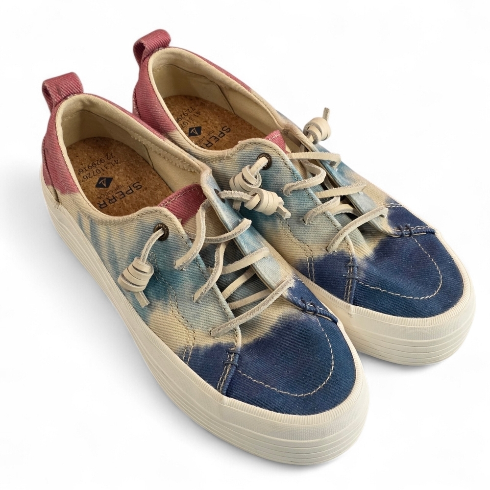 Sperry Tie Dye Platform Sneakers Women 6.5 Blue Red Cream Canvas Summer Coastal